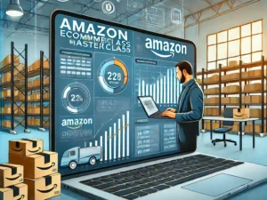 DALL·E 2025-03-19 08.58.04 - A modern digital course cover for 'Amazon Ecommerce Masterclass'. The image features an entrepreneur working on a laptop, analyzing an Amazon sales da.webp